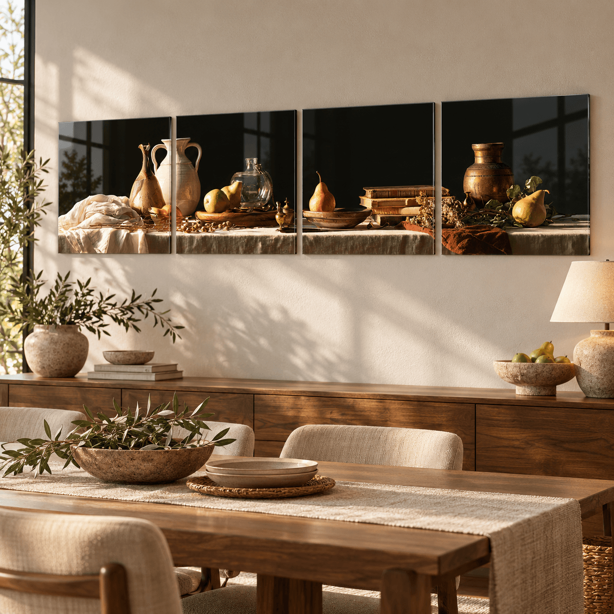 Dutch still-life 4-piece glass wall art above a walnut sideboard in a sunlit dining room